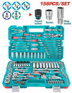 TOTAL 156 Pcs Combination Tools Set – Ratchets, Sockets, Bits & Wrenches with Carrying Case (THKTHP21566)