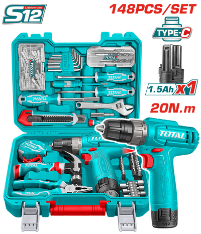 TOTAL 148 Pcs Tool Set with 12V Cordless Drill – Complete Home & Workshop Kit (THKTHP41487)