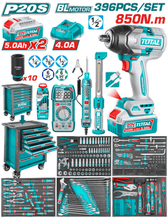 TOTAL 396 Pcs Tool Chest Set with 20V Brushless Impact Wrench 850Nm – Professional Rolling Tool Cabinet (THPTCS83962)