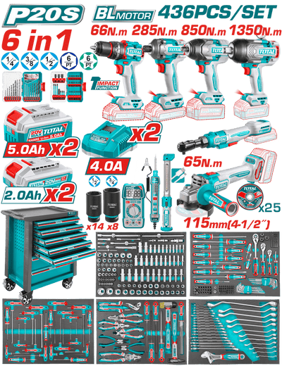 TOTAL 436 Pcs Tool Chest Set – Complete Workshop Kit with Cordless Power Tools & 7 Drawer Cabinet (THPTCS84362)