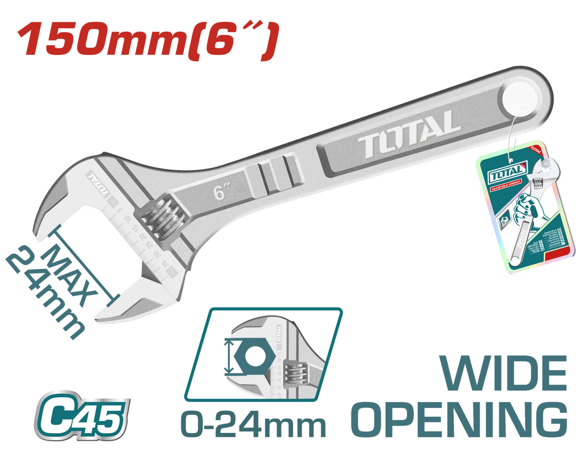 TOTAL Adjustable Wrench 6" / 150mm – Adjustable Spanner 0-24mm Capacity (THT101063)