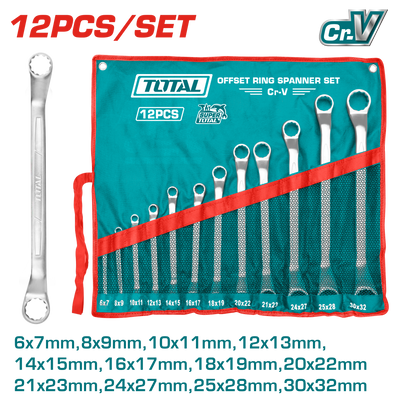 TOTAL 12 Pcs Offset Ring Spanner Set – 6–32mm, Fine Polished, Packed in Canvas Bag (THT1024121)
