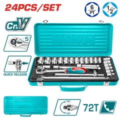 TOTAL 24 Pcs 1/2" Socket Set – Cr-V Steel with Metal Box (THT121242)