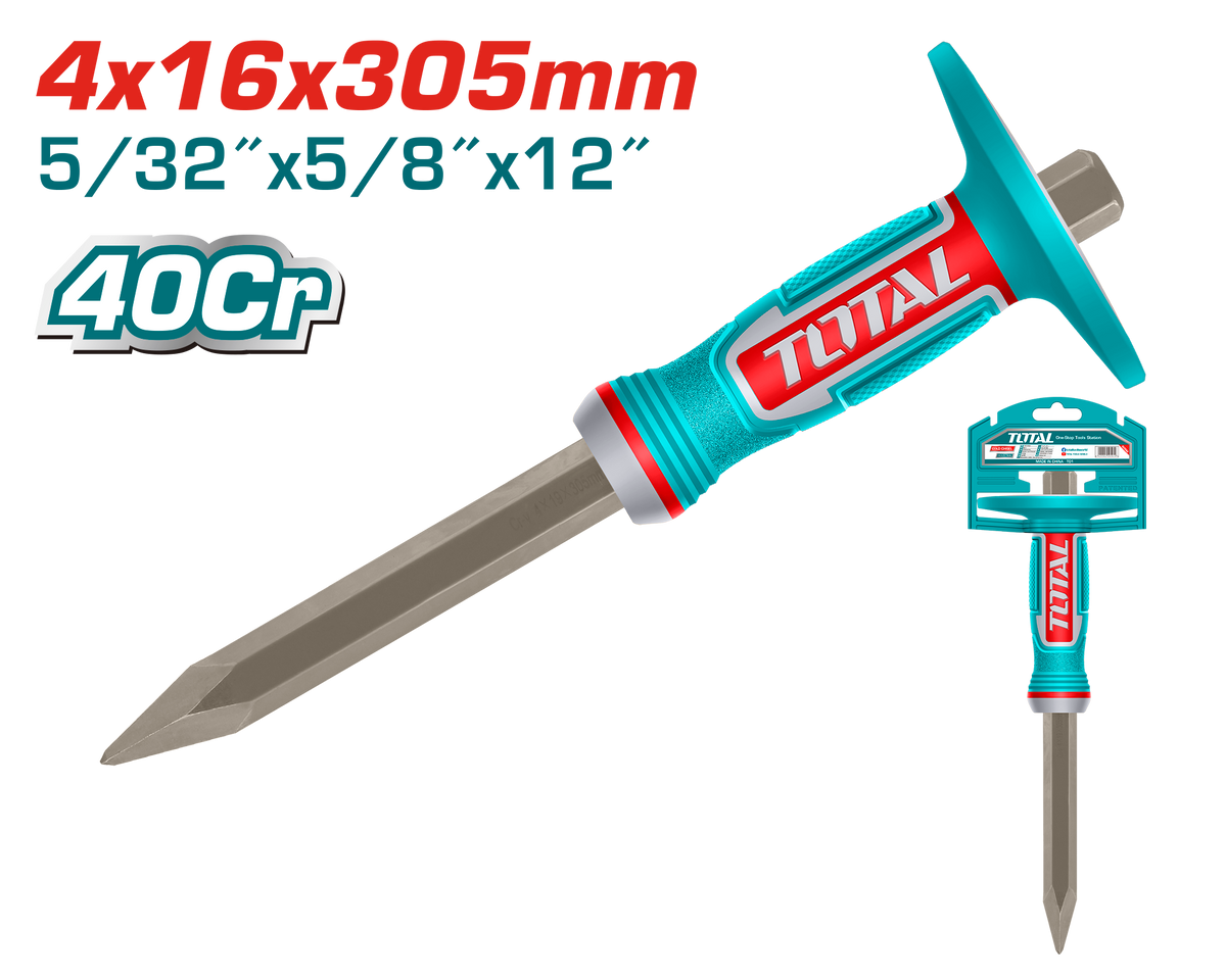 TOTAL Concrete Chisel 4mm × 16mm × 305mm – 40Cr Steel, Heat Treated, Powder Coated, Ergonomic Handle (THT4530416)
