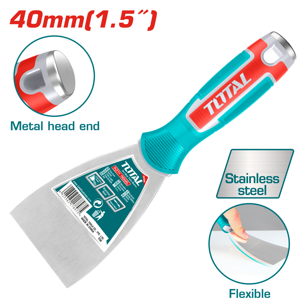 TOTAL Putty Trowel 40mm | 1.5" – Stainless Steel, Heat Treated, Fine Polished Finish (THT83406)