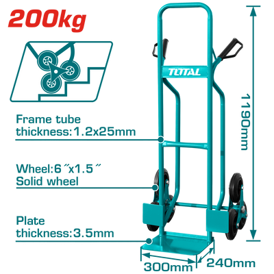 TOTAL 3-Wheel Stair Climbing Hand Trolley – 200kg Capacity, Solid Wheels, Heavy-Duty Design (THTHT20461)