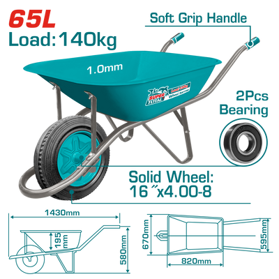 TOTAL Heavy Duty Wheelbarrow 140kg – Solid Wheel Garden & Construction Cart (THTWB4010D)