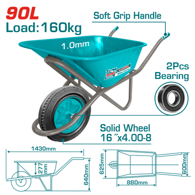 TOTAL Heavy Duty Wheelbarrow 160kg – Solid Wheel Construction Cart (THTWB418GD)