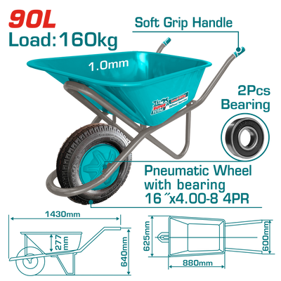 TOTAL Heavy Duty Wheelbarrow 160kg – Pneumatic Wheel Construction Cart (THTWB418GP)