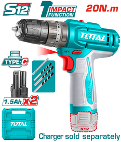 TOTAL 12V Cordless Impact Drill – 20Nm Torque, 22500bpm, LED Light, USB-C Charging, 2×1.5Ah Batteries (TIDLI12206)