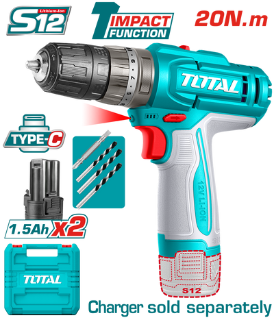 TOTAL 12V Cordless Impact Drill – 20Nm Torque, 22500bpm, LED Light, USB-C Charging, 2×1.5Ah Batteries (TIDLI12206)