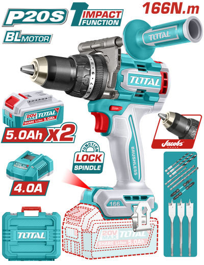 TOTAL Brushless Cordless Impact Drill 20V – 166Nm with 2×5.0Ah Batteries (TIDLI201668)