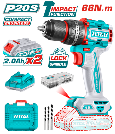 TOTAL 20V Cordless Brushless Impact Drill - 66Nm 2 Batteries