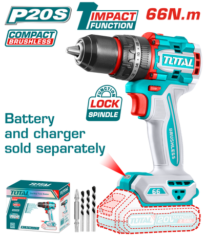 TOTAL 20V Cordless Brushless Impact Drill - 66Nm, No Battery