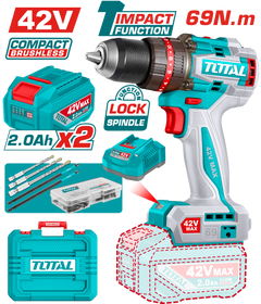 TOTAL Compact Brushless Cordless Impact Drill 42V – 69Nm with 2 Batteries & Accessories (TIDLI426982)