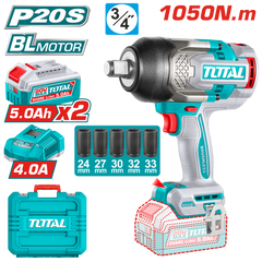 TOTAL 20V Cordless Impact Wrench 3/4" Brushless – 1050Nm with 2×5.0Ah Batteries & Deep Sockets Set (TIWLI20105)