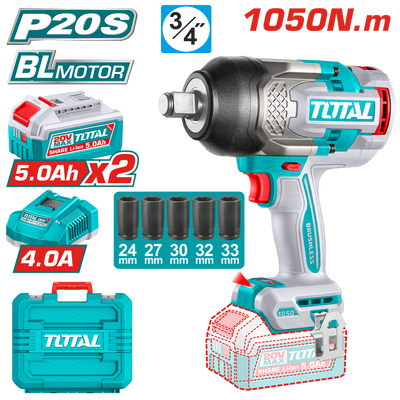 TOTAL 20V Cordless Impact Wrench 3/4" Brushless – 1050Nm with 2×5.0Ah Batteries & Deep Sockets Set (TIWLI20105)