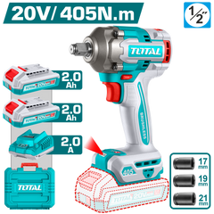 TOTAL 20V Brushless Cordless Impact Wrench 1/2" – 405Nm Fastening & 555Nm Breakaway Torque with 2 Batteries (TIWLI2045)