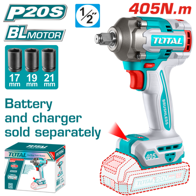 TOTAL Cordless Impact Wrench – Brushless, 1/2" Drive, 405Nm - Battery & Charger Sold Separately (TIWLI20451)