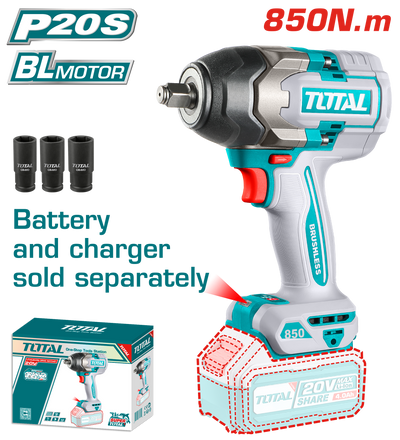 TOTAL Cordless Impact Wrench Brushless Motor 850N.m | 1/2" - Battery & Charger Sold Separately (TIWLI20851)