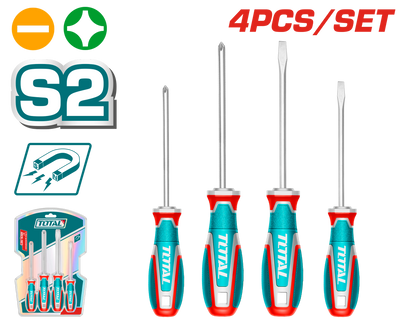 TOTAL 4pcs Screwdriver Set – S2, Magnetic Tips, Ergonomic