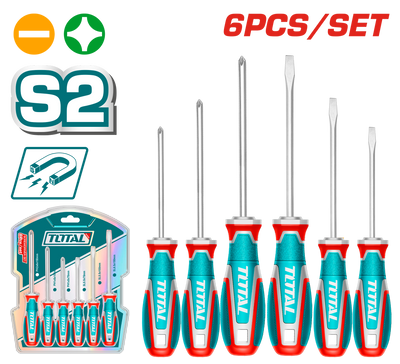 TOTAL 6 Pcs Screwdriver Set – S2 Steel, Magnetic Tips, Ergonomic Handle, SL & PH Types (TKSDS0626)