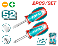 TOTAL 2pcs Stubby Screwdriver Set – S2, Magnetic Tip
