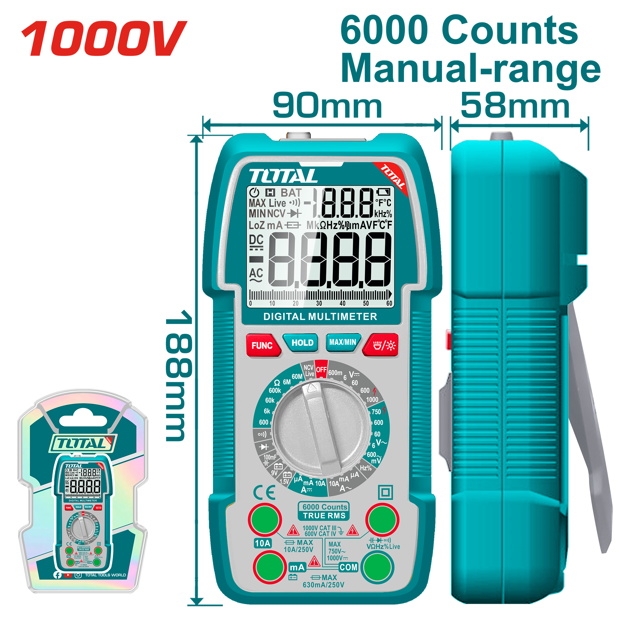 ملتيميتر TOTAL 1000V شاشة TRMS 6000 مع NCV وإضاءة 