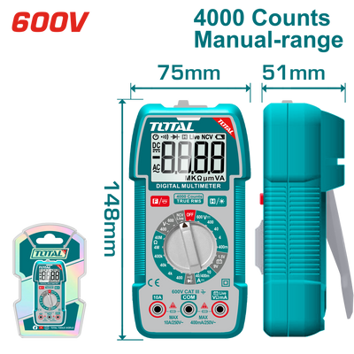 TOTAL Digital Multimeter 600V, TRMS 4000 Counts, DC/AC Voltage