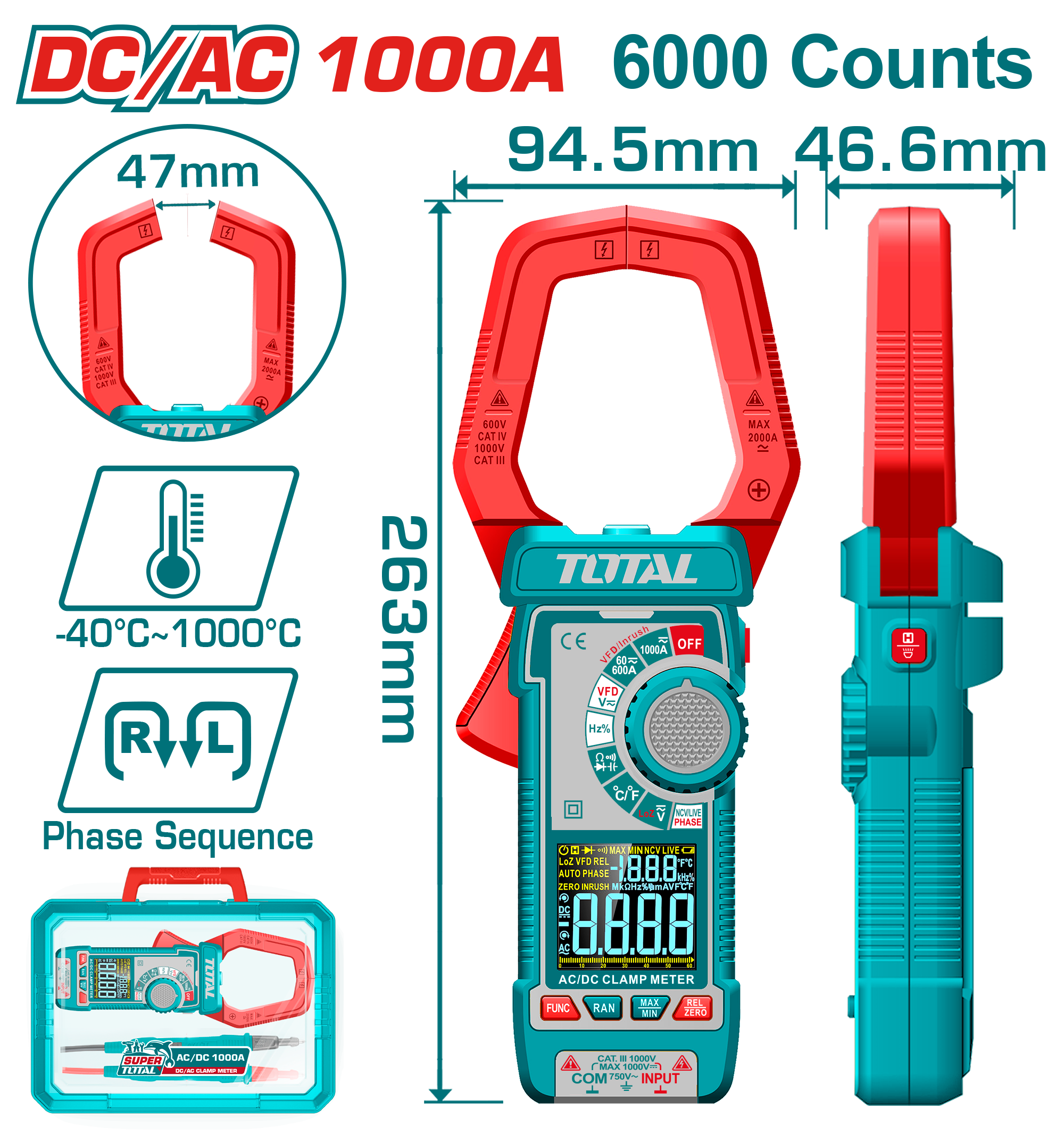 كلامب ميتر DC/AC مع شاشة TRMS بـ 6000 عد من توتال (TMT7610002)
