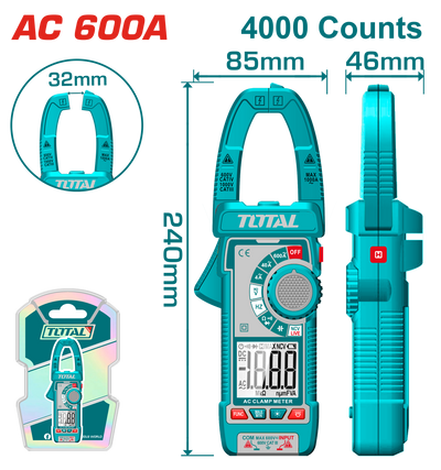 TOTAL Digital AC Clamp Meter 600A – TRMS 4000 Counts