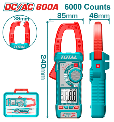 TOTAL DC/AC Clamp Meter 600A, TRMS 6000 Counts with Temperature