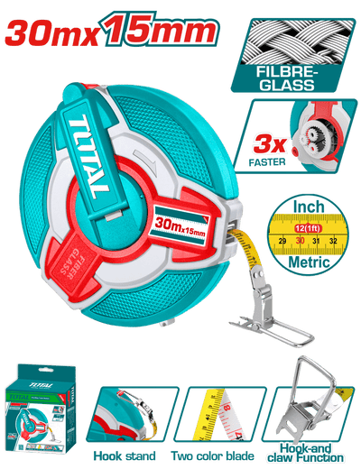TOTAL Fiberglass Measuring Tape 30m x 15mm – Fast Rewind, Dual Scale, Rubber Covered (TMTF18306)