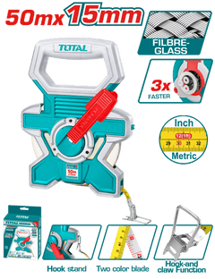 TOTAL Fiberglass Measuring Tape 50m x 15mm – Double-Sided, Fast Rewind, Rubber-Covered (TMTF18506)