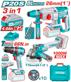 TOTAL Cordless 3 Pcs Combo Kit – 20V Brushless Impact Drill, Angle Grinder & Rotary Hammer (TOSLI241198)