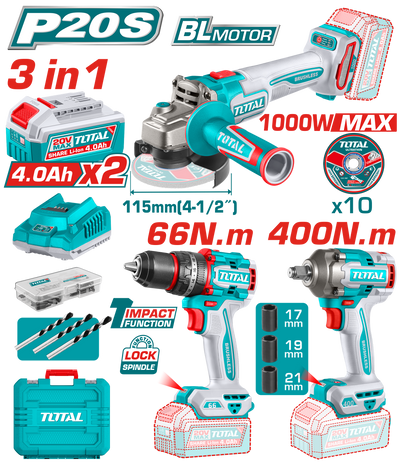 TOTAL Cordless 3 Pcs Combo Kit 20V – Brushless Angle Grinder, Impact Drill & Impact Wrench (TOSLI241291)