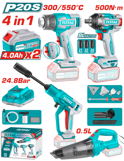 TOTAL Cordless 4Pcs Combo Kit – 20V Heat Gun, Vacuum Cleaner, Pressure Washer & Impact Wrench with Accessories (TOSLI250208)