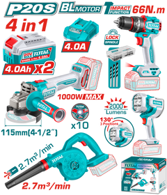 TOTAL Cordless 4 Pcs Combo Kit 20V – Angle Grinder, Impact Drill, Blower & Work Lamp Set (TOSLI250993)