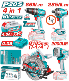 TOTAL Cordless 4 Pcs Combo Kit 20V – Brushless Drill, Impact Driver, Circular Saw & Work Lamp (TOSLI251082)