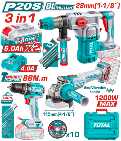 TOTAL Cordless 3 Pcs Combo Kit 20V – Brushless Impact Drill, Angle Grinder & Rotary Hammer Set (TOSLI251195)