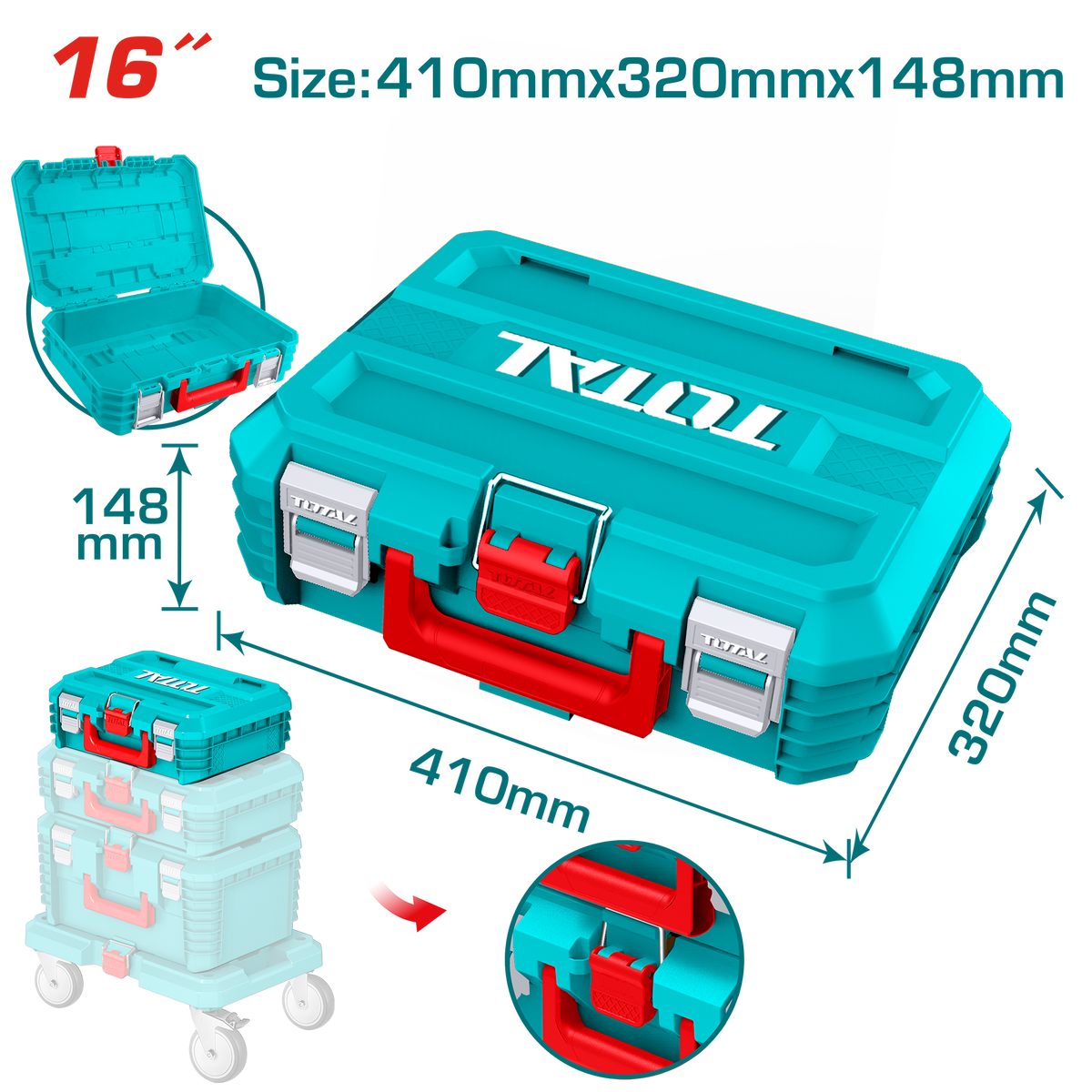 TOTAL 16" Stackable Tool Box – Durable PP Plastic, 15kg Load Capacity (TPBXS101)