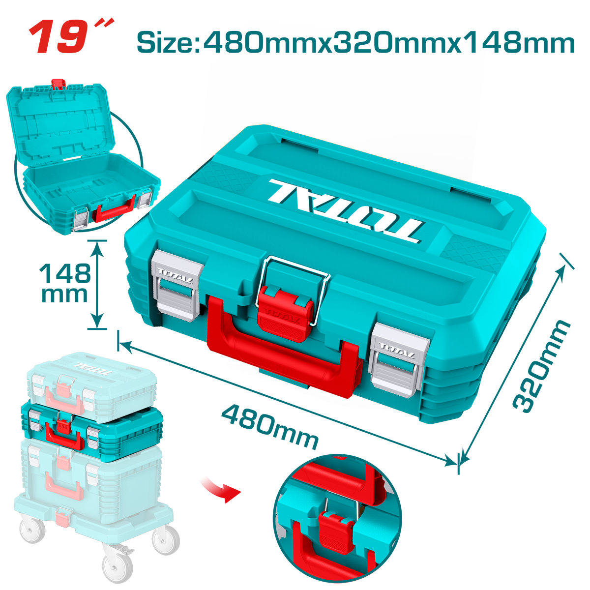 TOTAL 19" Stackable Tool Box – Heavy-Duty PP Plastic with 15kg Load Capacity (TPBXS102)