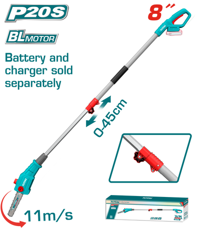 TOTAL 20V Cordless Pole Saw Brushless 8" – Long Reach Tree Pruning Saw (TPSLI2028)