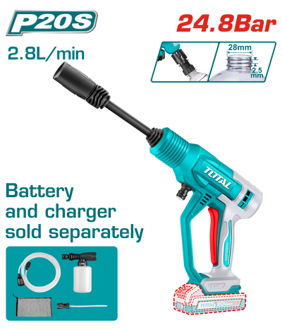 TOTAL Cordless Pressure Washer 24.8Bar | 20V - Battery & Charger Sold Separately (TPWLI2036)