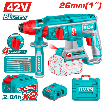 TOTAL Cordless Rotary Hammer 2.5J - 42V Brushless with SDS Plus System & Accessories (TRHLI422682)