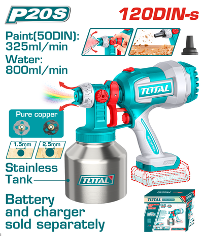 TOTAL Cordless Spray Gun 20V – Adjustable Paint Sprayer with Stainless Steel Cup - Battery & Charger Sold Separately (TSGLI20041)