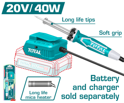 TOTAL 20V Cordless Soldering Iron 40W – Portable Battery-Powered Soldering Tool (TSILI2001)