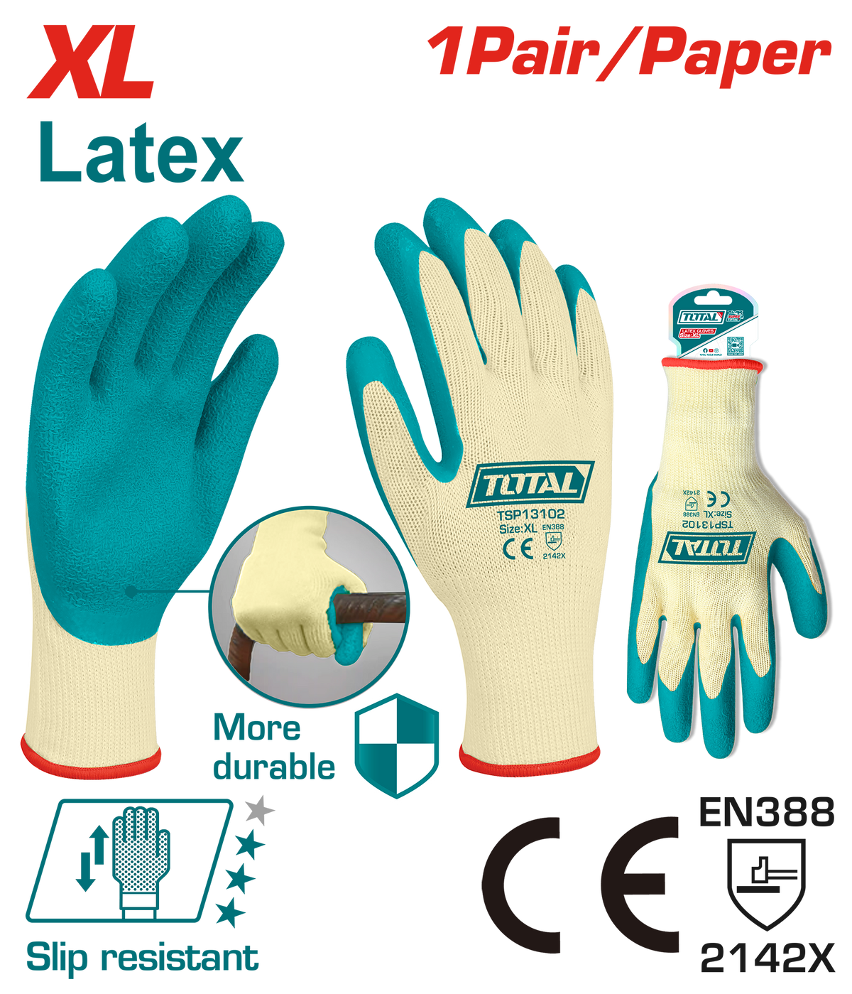 TOTAL Latex Coated Work Gloves XL – Anti-Slip Safety Gloves (TSP13102)