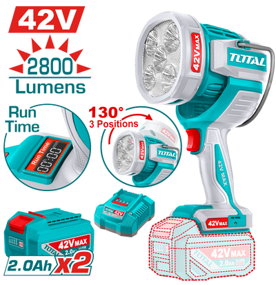 TOTAL Cordless Work Lamp 42V –2800 Lumens | 50W LED Rechargeable Work Light with Runtime Display (TWLI42896)