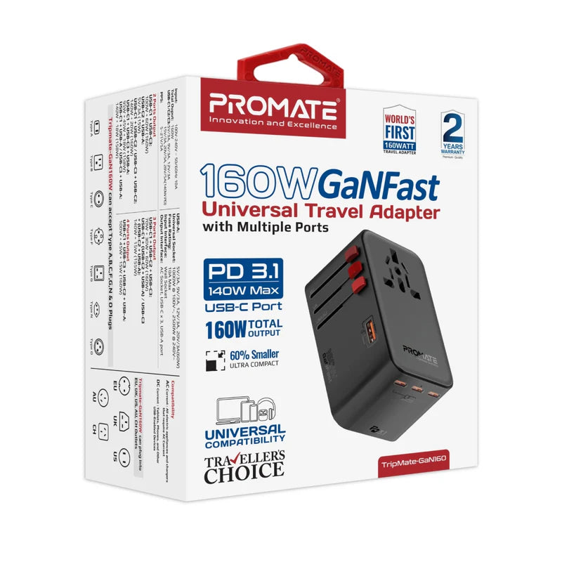 Promate TripMate-GaN160 160W Multi-Port Travel Adapter